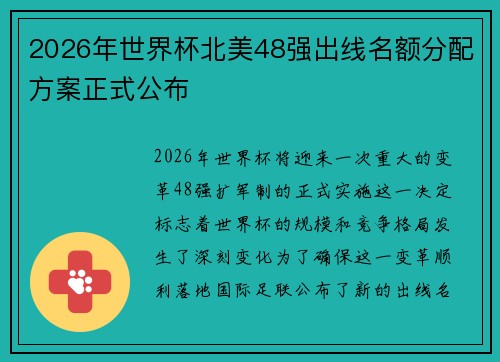 2026年世界杯北美48强出线名额分配方案正式公布