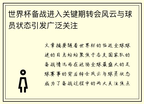 世界杯备战进入关键期转会风云与球员状态引发广泛关注
