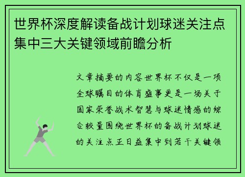 世界杯深度解读备战计划球迷关注点集中三大关键领域前瞻分析